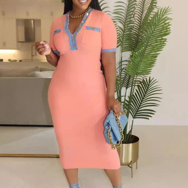 CM.YAYA Women Button Front Denim Splicing V-neck Short Sleeve Midi Dress 2024 Summer Sexy Club Street Party Dresses Vestidos