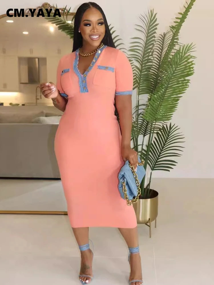 CM.YAYA Women Button Front Denim Splicing V-neck Short Sleeve Midi Dress 2024 Summer Sexy Club Street Party Dresses Vestidos