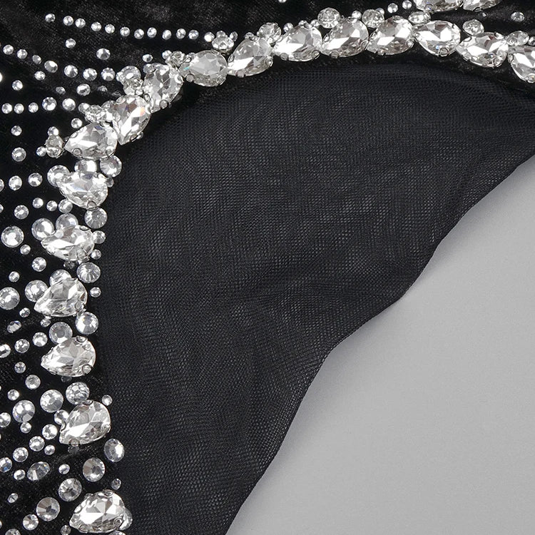 Strapless Crystal Black Maxi Long Gown Sparkling Diamond Hollow Tight Elegant Celebrity Party Evening Dress