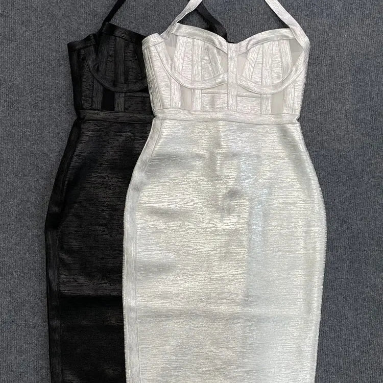 Sexy Summer Coated Bandage Dress Women Neck Hanging Sleeveless Bodycon Backless Mini Dress Celebrity Evening Club Party Vestidos