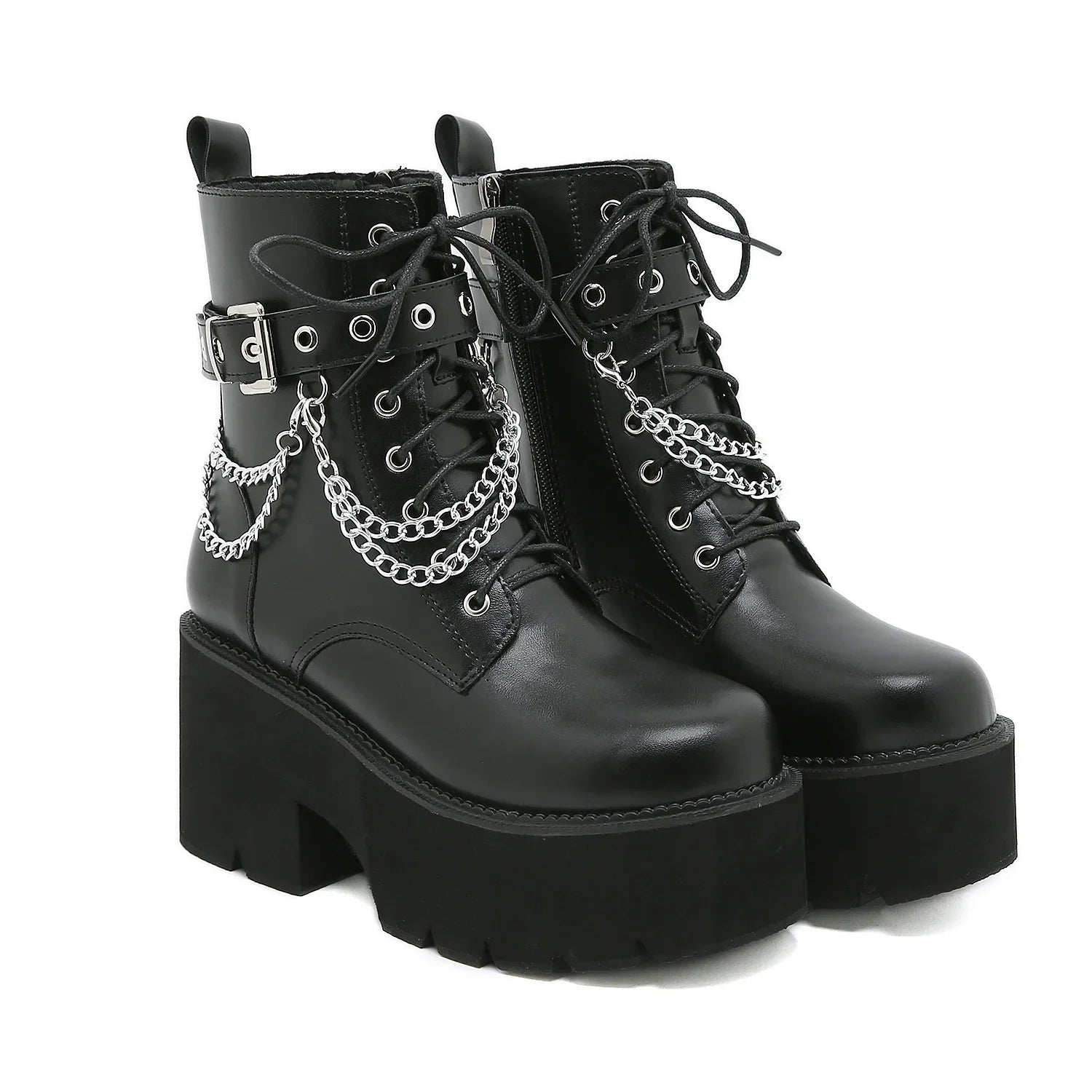 Women Platform Shoes Black Gothic Buckle Pu Leather Woman Creeper Punk Shoes Female Black Ankle Short Combat Boots for Women black