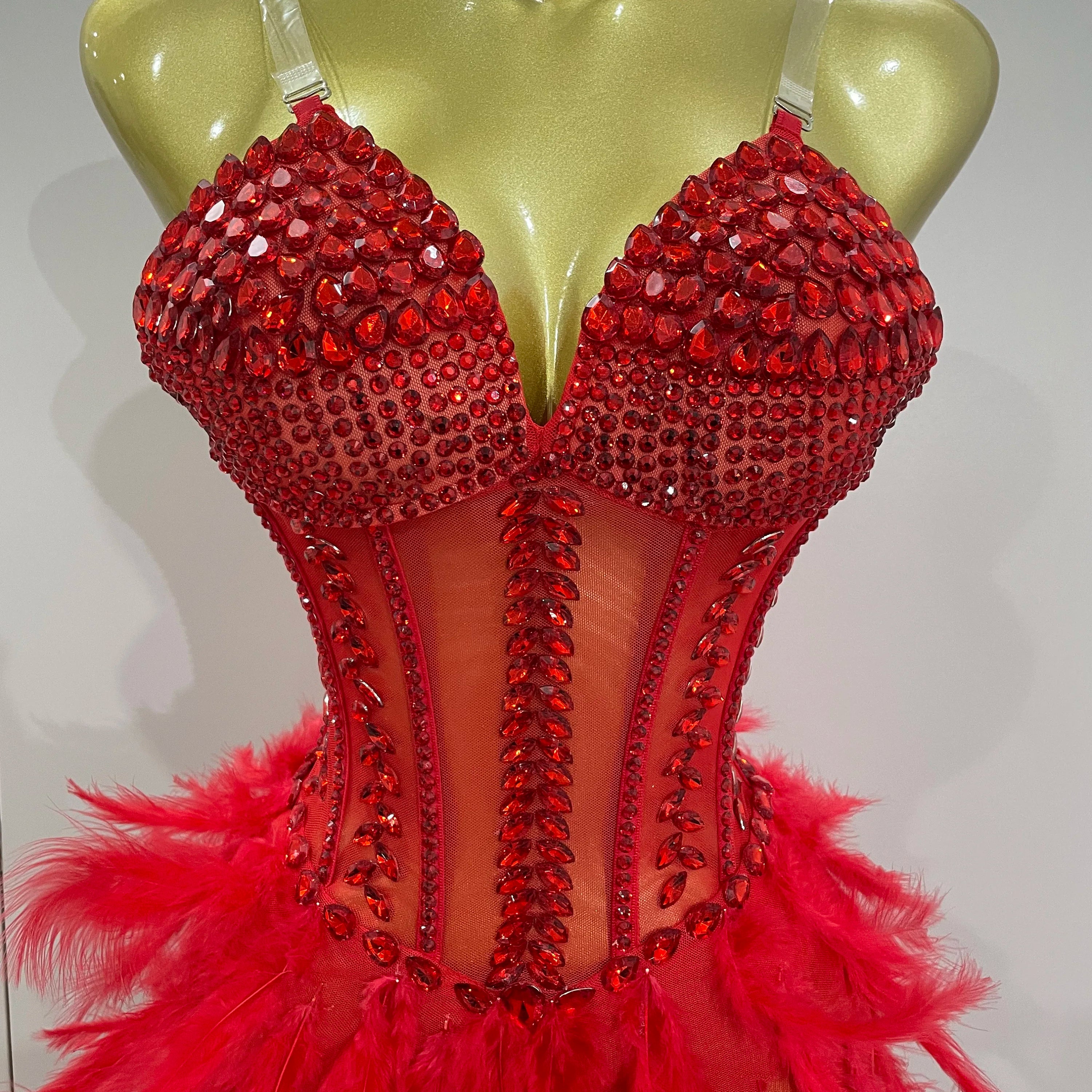 Luxury Sparkly Rhinestones Feathers Long Tail Dress Sexy Mesh Transparent Stage Bodysuit Evening Party Celebrate Birthday Dress