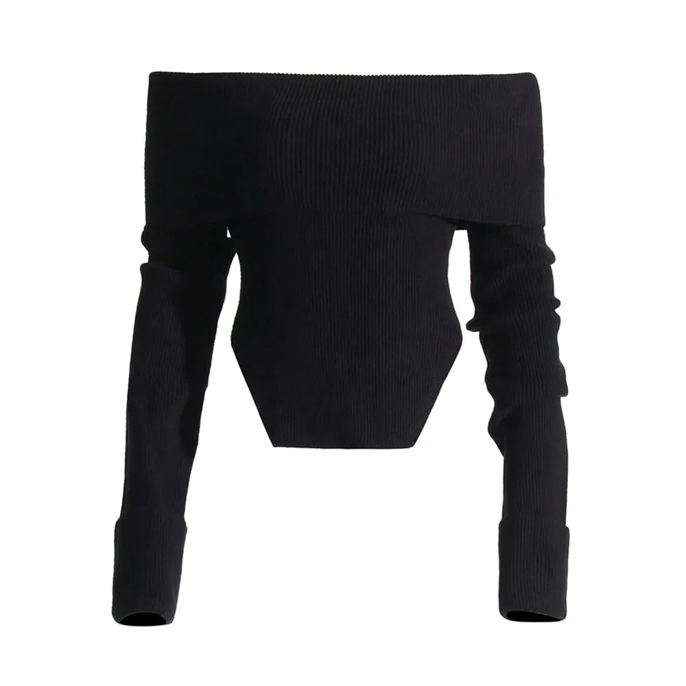 Solid Temperament Sweaters For Women Slash Neck Long Sleeve Tunic Irregular Minimalist Sweater Female Fashion Style BLACK
