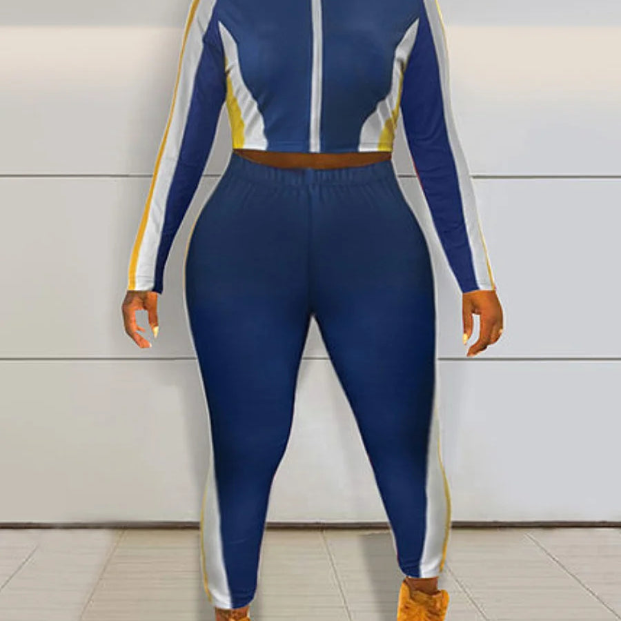 LW Plus Size Zipper Design Patchwork Pants Set Women Color Block Mandarin Collar Tracksuits Long Sleeve Two Pieces Outfits Blue