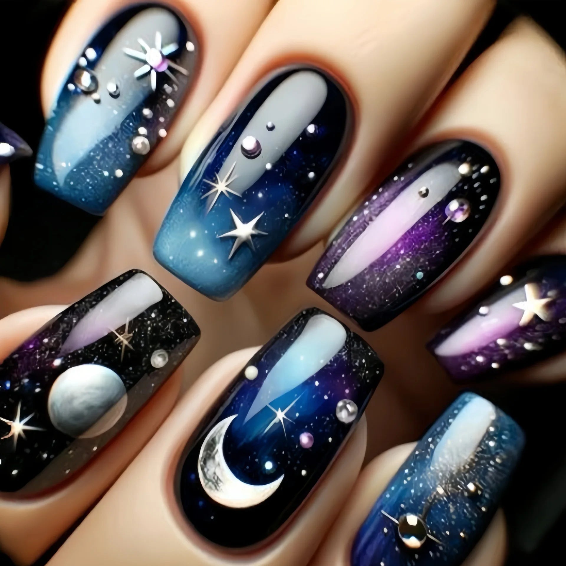 24pcs/set Medium long square fake nails for women starry sky gradient black blue purple moon star design press on false nails 1790