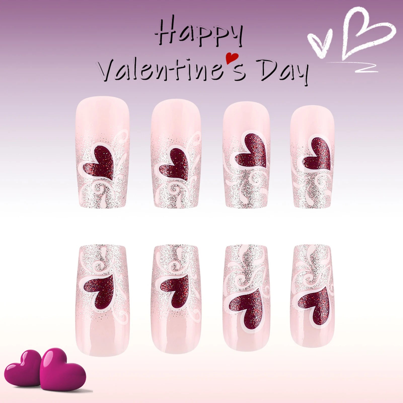 Glossy Silver Sequins French Fake Nails 24Pcs Y2K Girls Press On Nails Purple Love Heart Printed Valentine's Day Charm Manicure