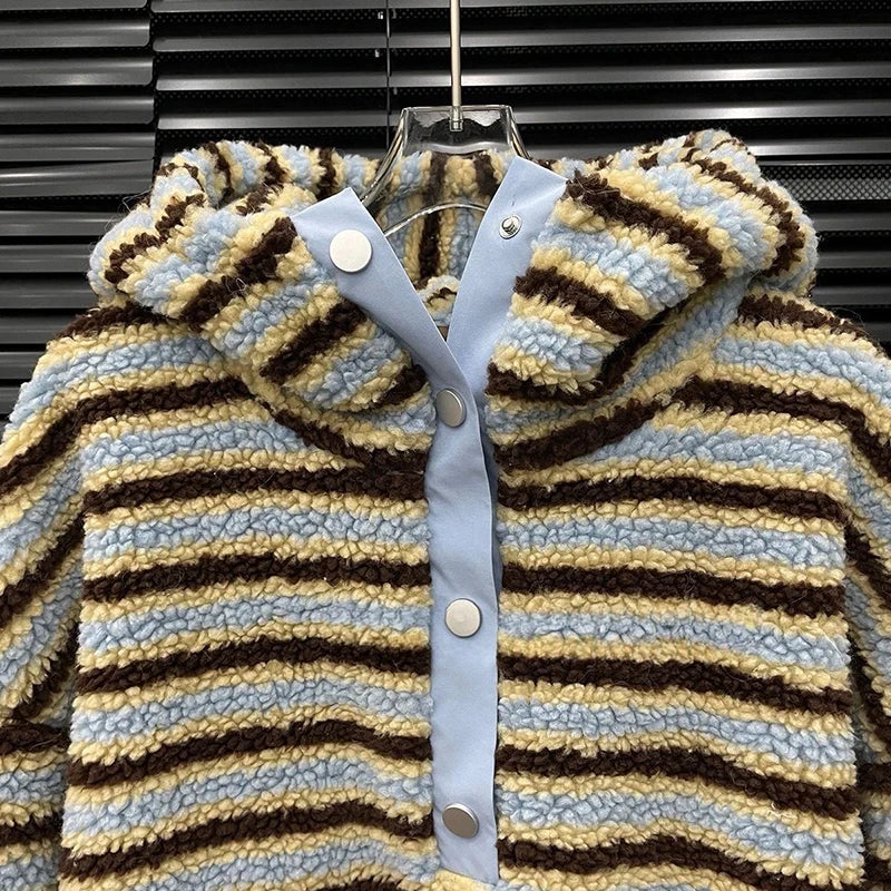 Autumn Winter New Plush Striped Two-pieces Set For Women Warm Thickened Hooded Sweatshirt Casual Shorts 11A07889