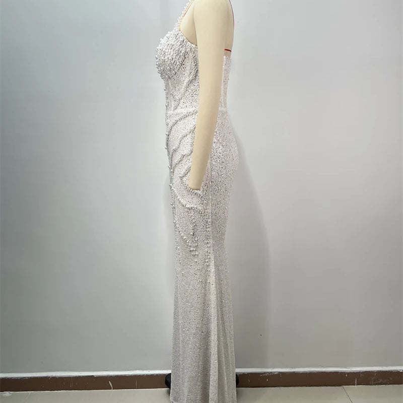 2025 New Pink Sequins Sexy High Slit Strapless Long Dress Graceful Woman Wedding Party Dress Red Carpet Goddess Vestido