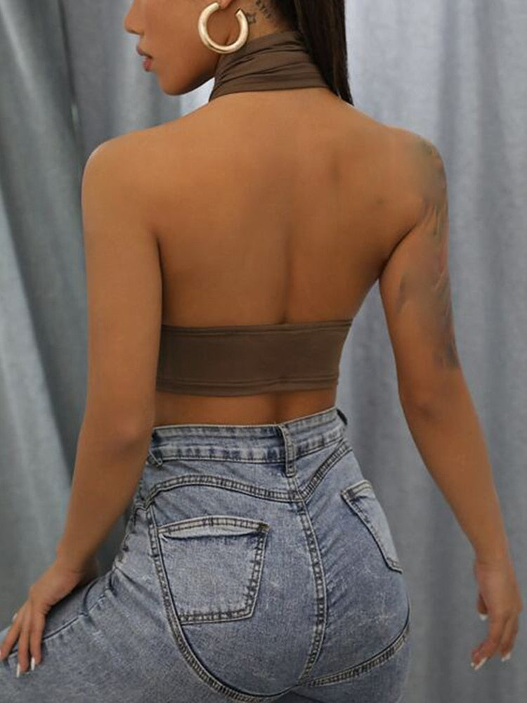 Women Summer Tank Tops Sexy Solid Color Cross Halter Neck Push Up Hollow Crop Tops High Street Wear 2024 New Fashion