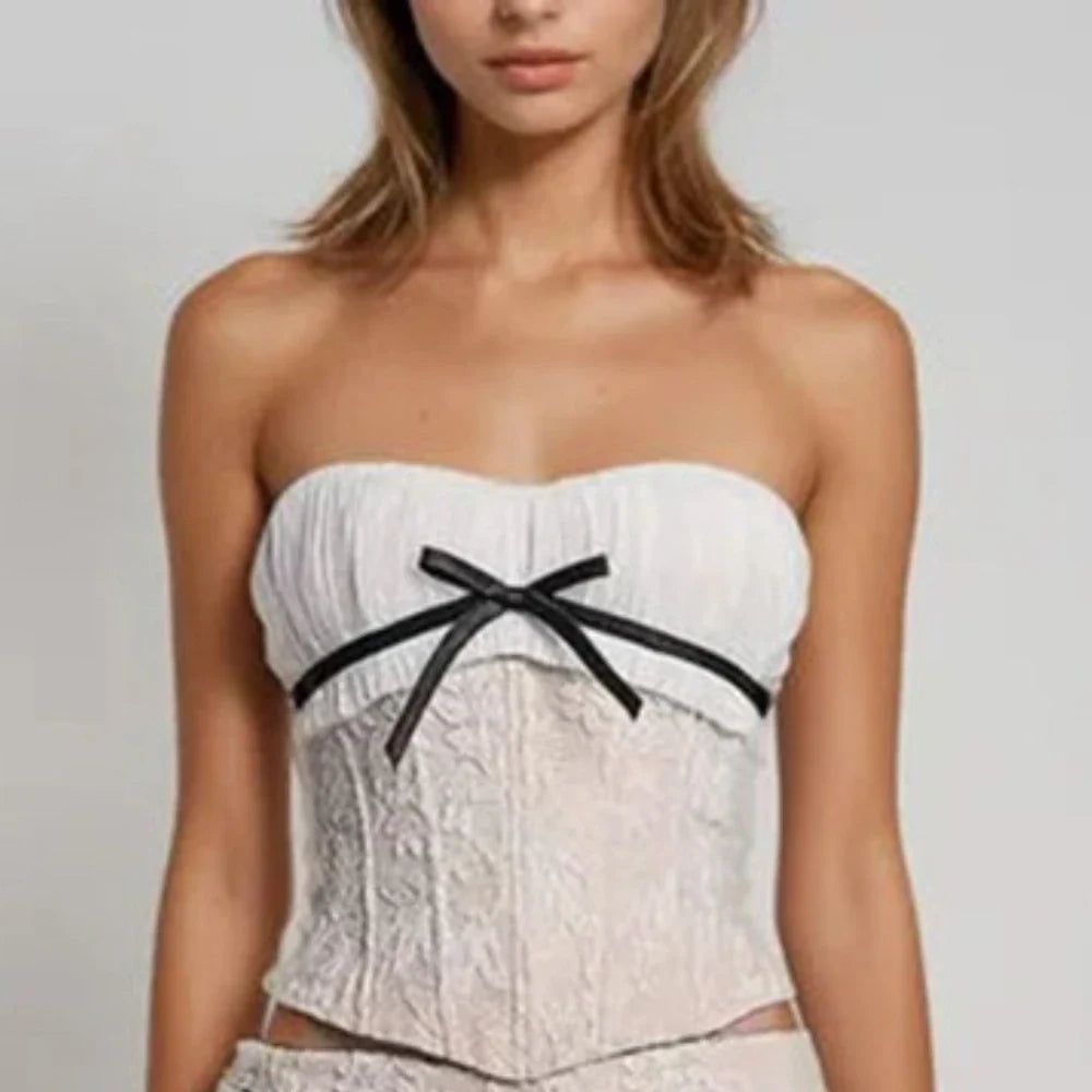 Solid Slimming Two Piece Sets for Women Strapless Sleeveless Spliced Bow Top Patchwork Mesh Skirts Female Clothing WHITETOP