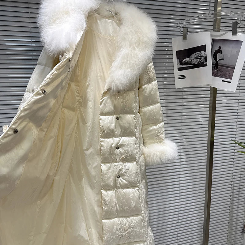 Winter New Fashion Style Large Fox Fur Collar Embroidered Long Cotton Jacket For Women High Quality Warm Coat 11A07799