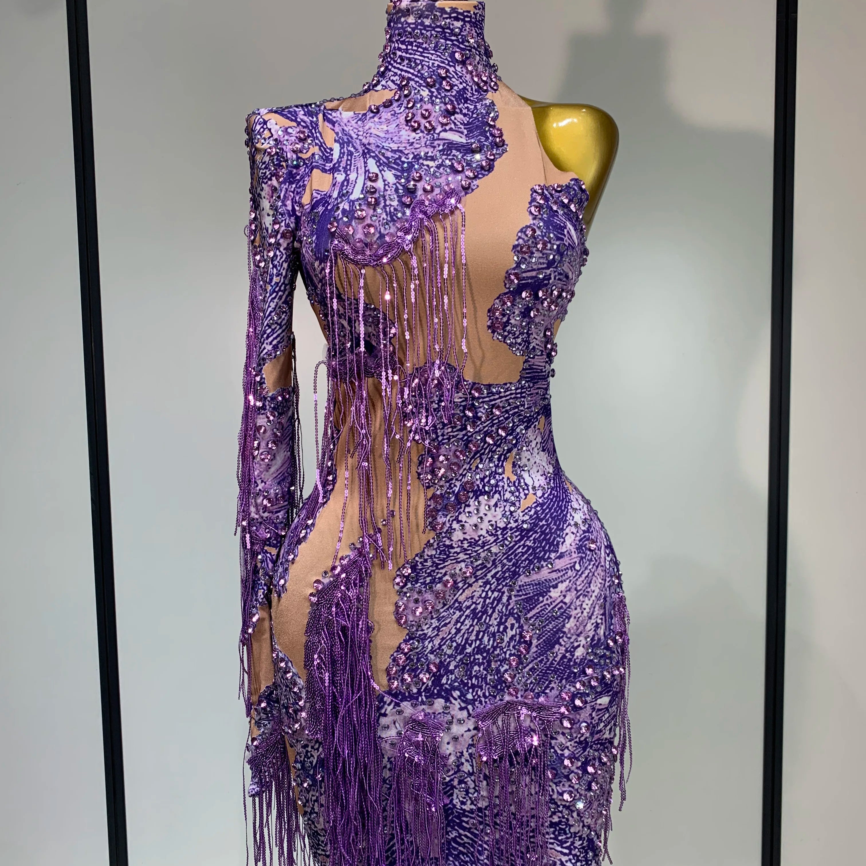 Sexy Sparkly Purple Rhinestones Tassel One Shoulder Sleeve Mini Dress Evening Party Birthday Nightclub Stage Performance Outfit PURPLE
