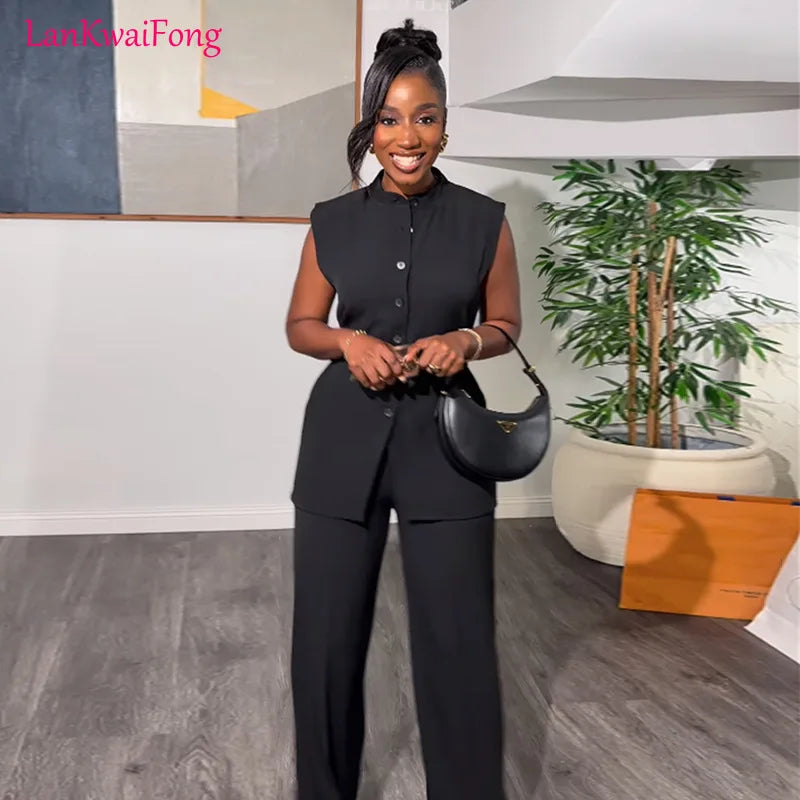 LKF Summer Commuter Casual Women's Set Stand up Collar Buckle Sleeveless Waist Tie Up Top Loose Pants 2-piece Set Wholesale