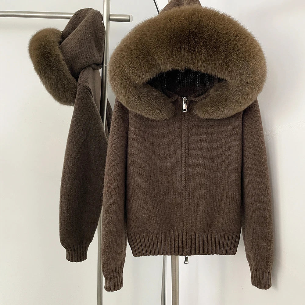 Coat Women Cardigan Natural Fox Fur Coat Women Real Mongolian Fur Knitwear Female Spring Autumn Hooded Knitted Fur Jacket Brown ZX One Size