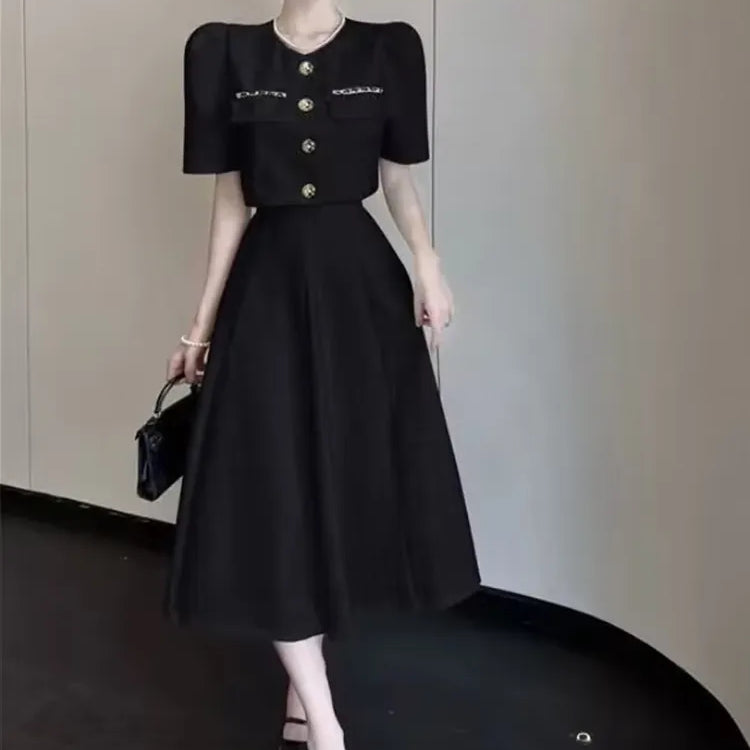 Small Fragrant New Summer Fashion Korean Sweet Elegant 2 Piece Set Women Coat Top + Midi Skirt Suits Womens Two Peice Sets Black