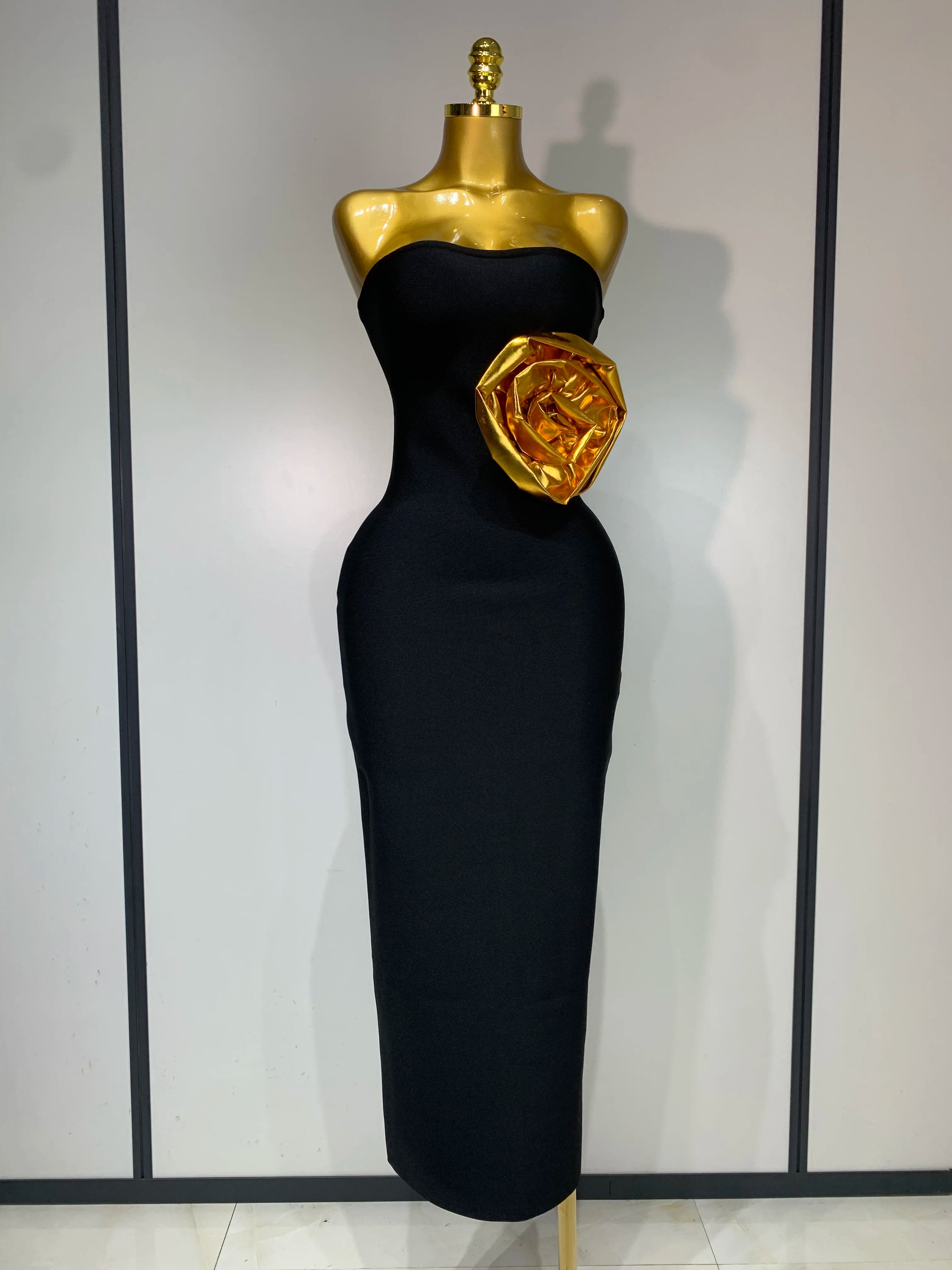 Women Luxury Bandage Bodycon Dress Designer Strapless Gold Appliques Ankle Length Elastic Celebrity Elegant Evening Party Gowns black