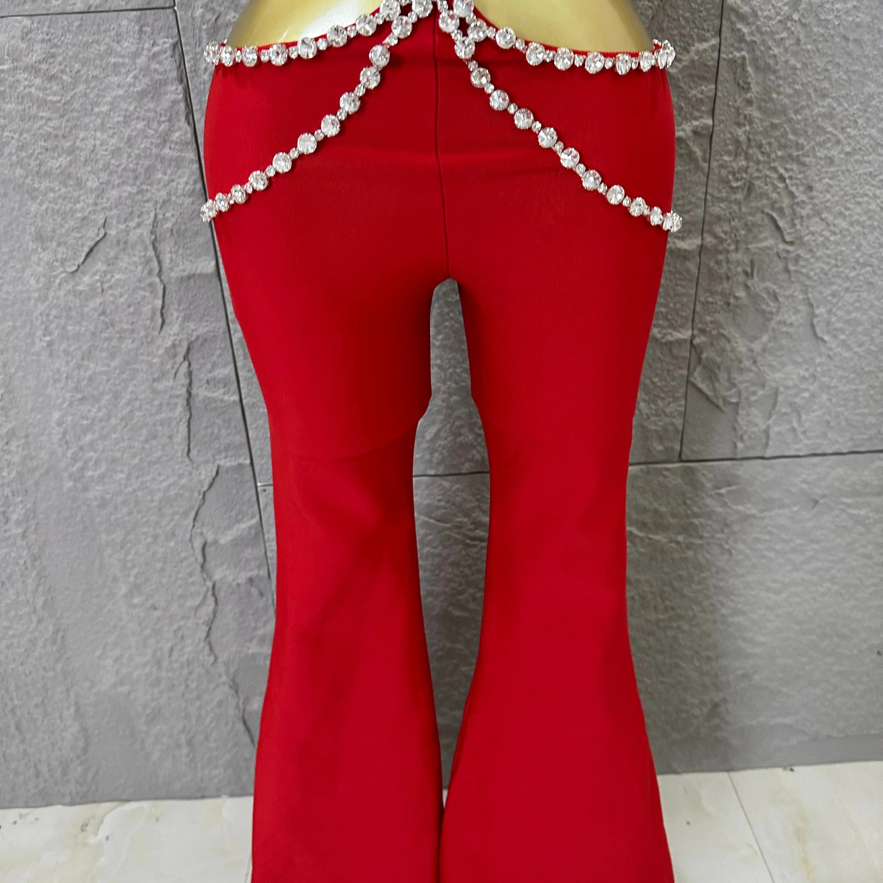Luxurious Red Two Piece Set Women Sexy Halter Neck Crystal Cutout Crop Top Flare Pants Outfit Stage Performance Costume