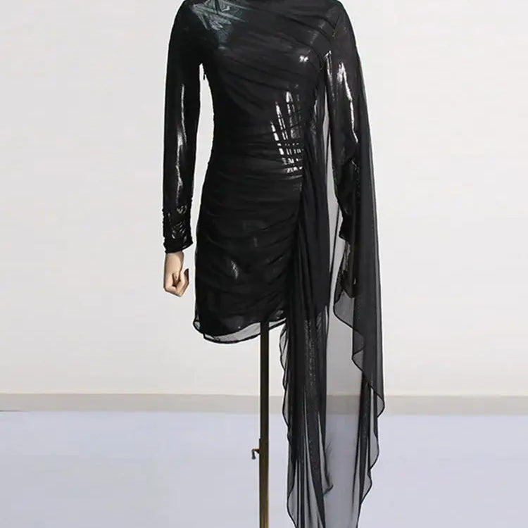 Ailigou New Women's Black Sexy Perspective Mesh Pleated Design Long sleeved Tight Mini Dress Elegant Celebrity Party Dress