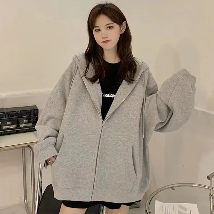 2023 Spring Autumn New Style Black Hooded Sweatshirt Women's Loose Fit Casual Fleece Lined Chic Niche Top Korean Version Jacket Gray thin