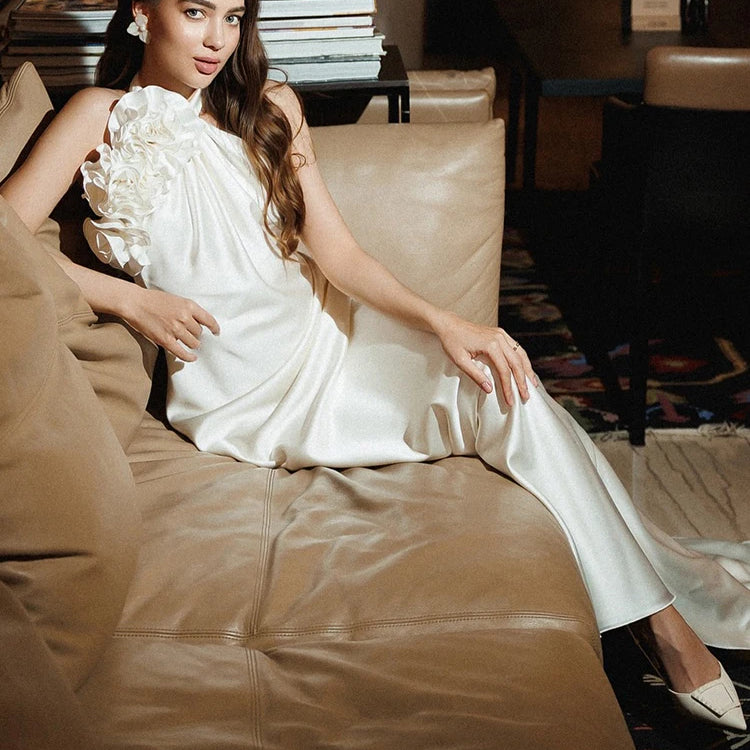 White Satin Halter Backless Long Dress For Women Sleeveless Flowers Embellished Slim Prom Elegant Evening Party Gowns
