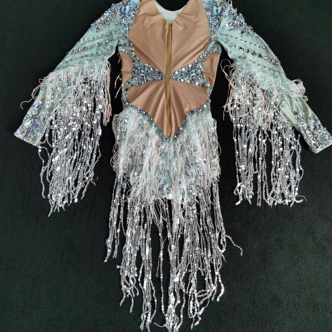 Sparkling Silver Rhinestone Sequin Tassel Party Bodysuit Women Stretch Dance Fringes Jumpsuit Club Bar Singer Leotard Stage Wear