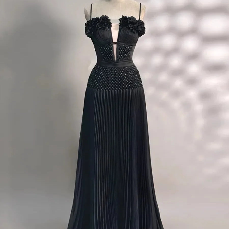 Solid Spliced Appliques Elegant Dresses for Women Deep V Neck Sleeveless Patchwork Folds Dress Female Fashion New BLACK