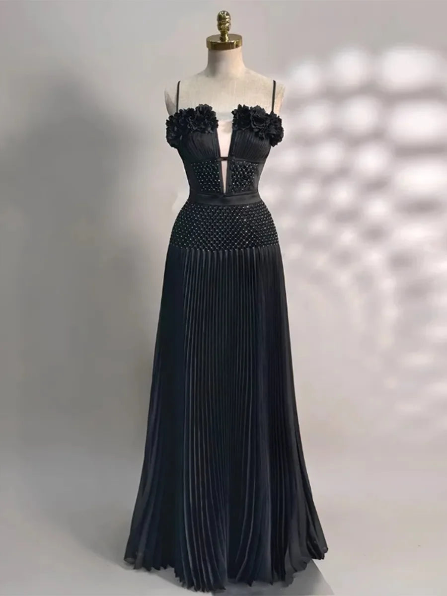 Solid Spliced Appliques Elegant Dresses for Women Deep V Neck Sleeveless Patchwork Folds Dress Female Fashion New BLACK