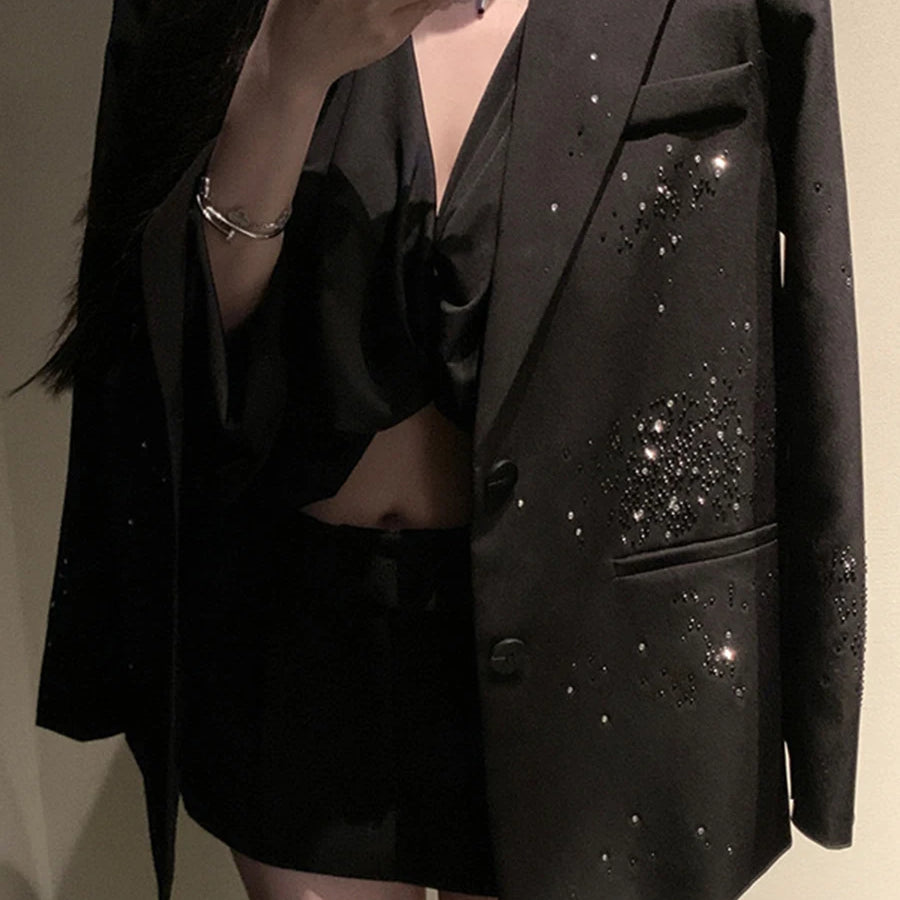 Solid Loose Spliced Bead Fashion Blazers for Women Lapel Long Sleeves Patchwork Single Breasted Blazer Female New