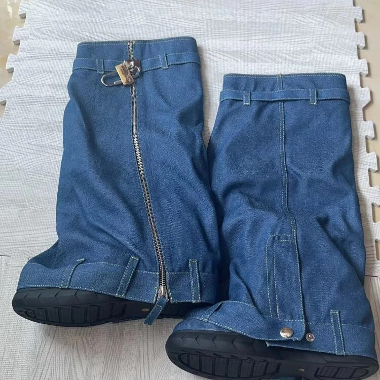 Winter Women's Knee-high Boots Round Toe Platform Wedges Denim Female Shoes Fashion Metal Decoration Boots Woman blue