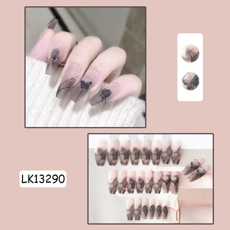 Y2k Fake Black Nail Long Ballet Reusable Adhesive Acrylic Press on set Nails Dark Acrylic Artificial False Nails Arts Tips 24pcs 134290