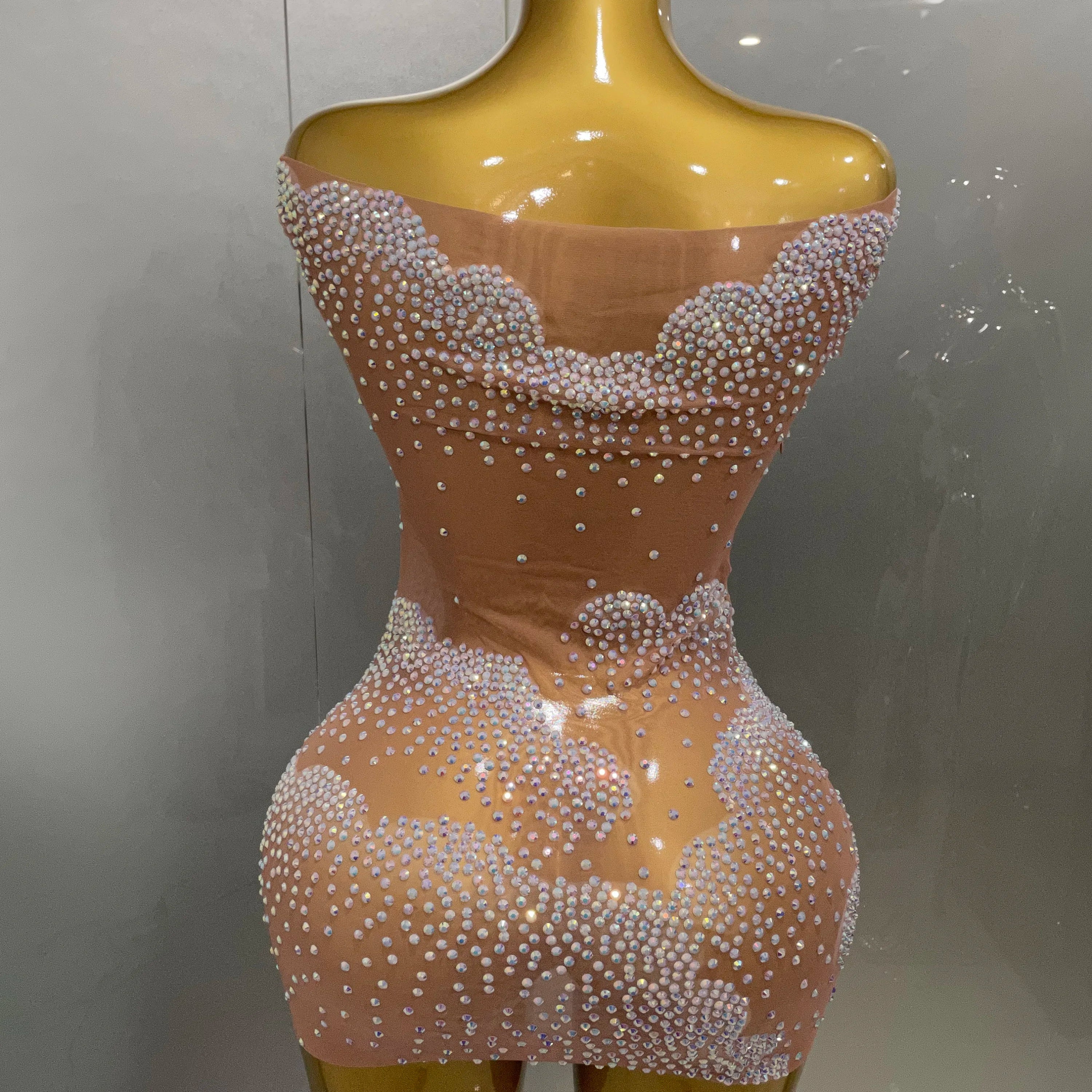 Sexy Sparkle Rhinestone Transparent Stretch Mini Dress 2025 New Women Evening Birthday Party Club Stage Performance Costume