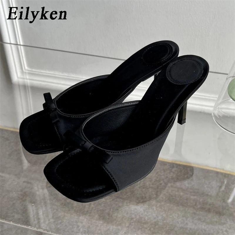 Eilyken Summer Fashion Butterfly-knot Satin Women Slipper Slip On Ladies Sandal Thin High Heel Outdoor Dress Slides Shoes Black