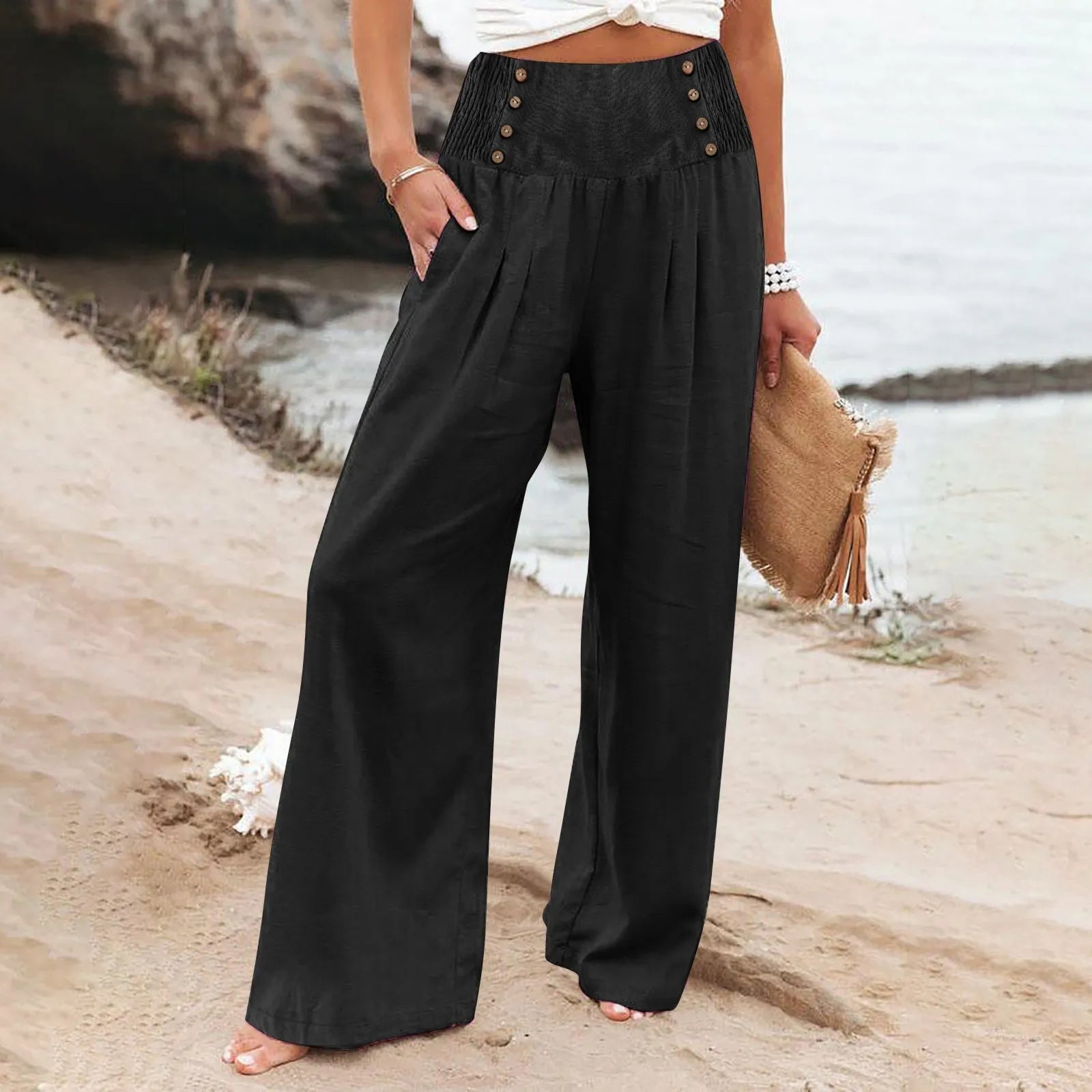 Summer Cotton Linen Wide Leg Pants Women Loose Palazzo Pant Pocket Elastic Waist Button Casual Pants Black