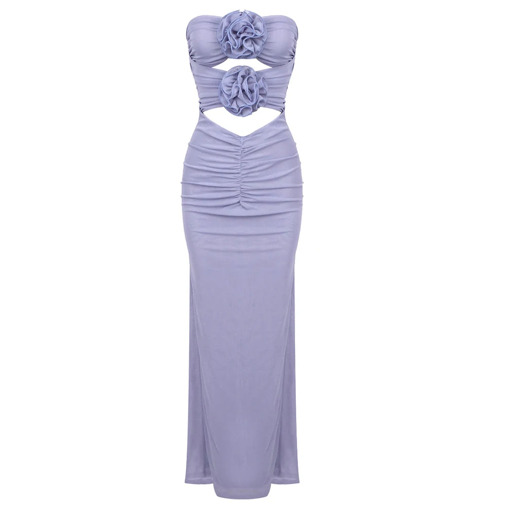 2024 Summer New Light Purple Strapless Flower Bloom Midi Dress Sexy Spicy Girl Style Hollow Out Ruched Dress for Women LAVENDER