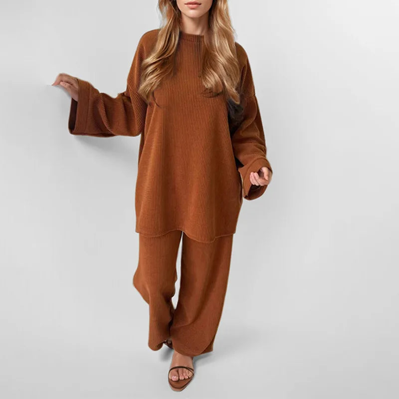 Autumn Winter Solid Color Corduroy Pants Sets Women Loose Long Sleeve Wide Legs Trousers Two Piece Set Female Commuting Clothing Chocolate