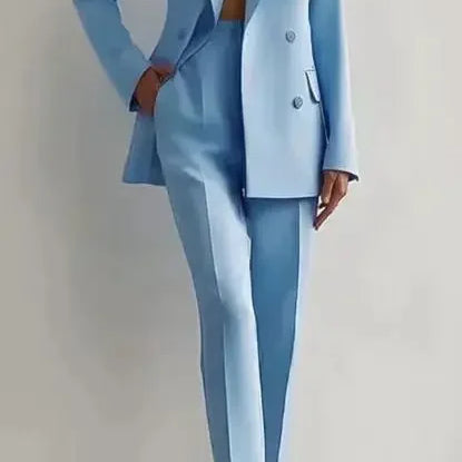 Elegant Blazer Suit and Wide Leg Pants Two 2 Piece Sets Outfits Women 2024 Classic OL Work Street Outfit Tracksuit SKY BLUE