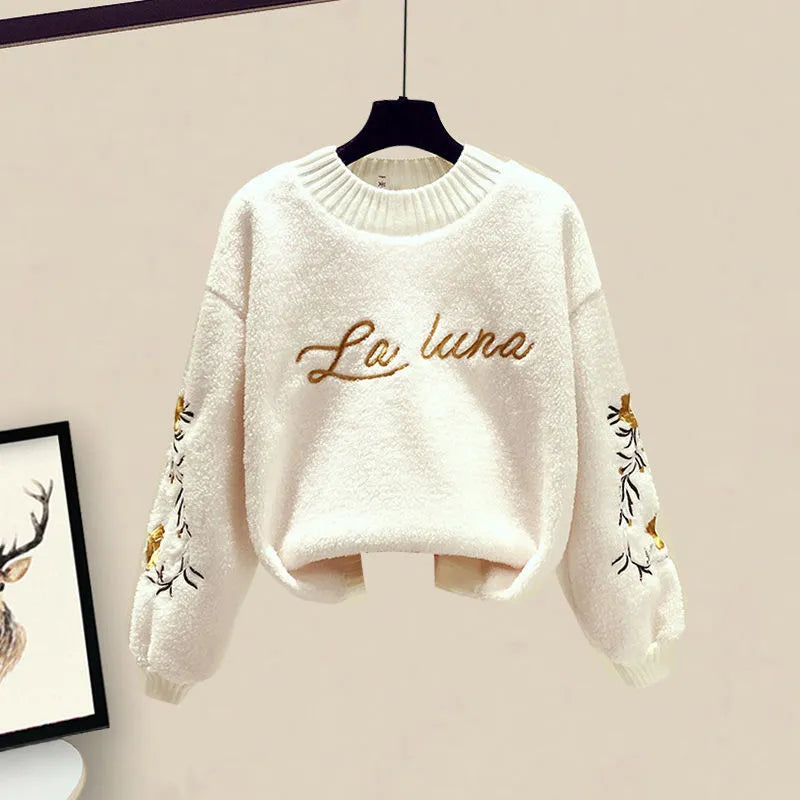 Winter Warm 3 Piece Set Suit Women Knitted Letter Pullover Sweater Sweatpants Lamb Wool Vest Tracksuit Female Outfit Outerwear White
