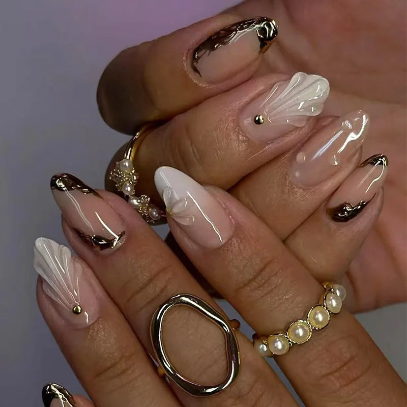 24Pcs Simple French Nails Art Tips Fake Nails 3D Design Wearable Full Cover False Nail Mid-length Almond Reusable Press on Nails 941