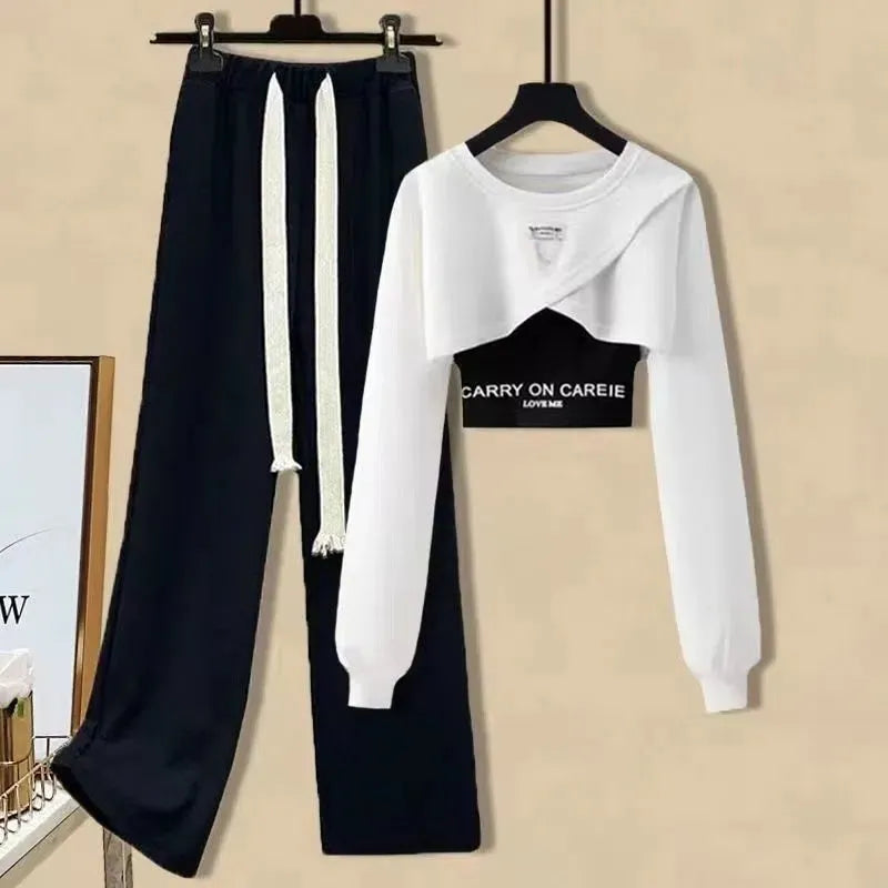 Women's Causal Clothing Korean Fashion Short Sweatshirt Vest Wide Leg Pants 3 Piece Set 2024 Spring Autumn Sports Outfits Female White Set