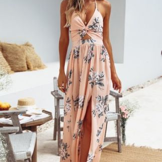 Womens Summer Boho Maxi Long Dress Evening Party Beach Dresses Sundress Sleeveless Split Floral Halter Dress