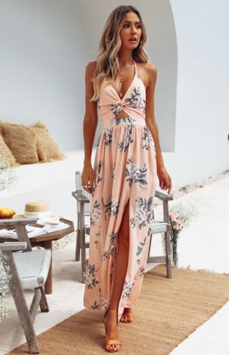 Womens Summer Boho Maxi Long Dress Evening Party Beach Dresses Sundress Sleeveless Split Floral Halter Dress