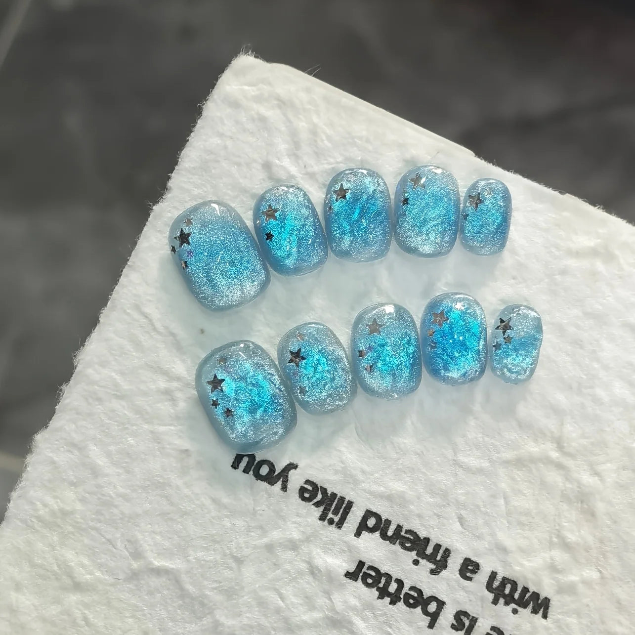 10pcs Handmade Press on Nail Ice Blue Ocean Star Ice-transparent Texture False Nail for Women&Girl Short Oval Wearable Nail