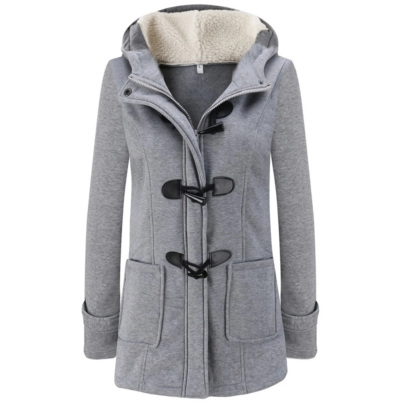 Womens Winter Coats Thicken Sherpa Lined Jacket Fashion Horn Button Hooded Outwear Warm Wool Blended Pea Coat Pockets GRAY