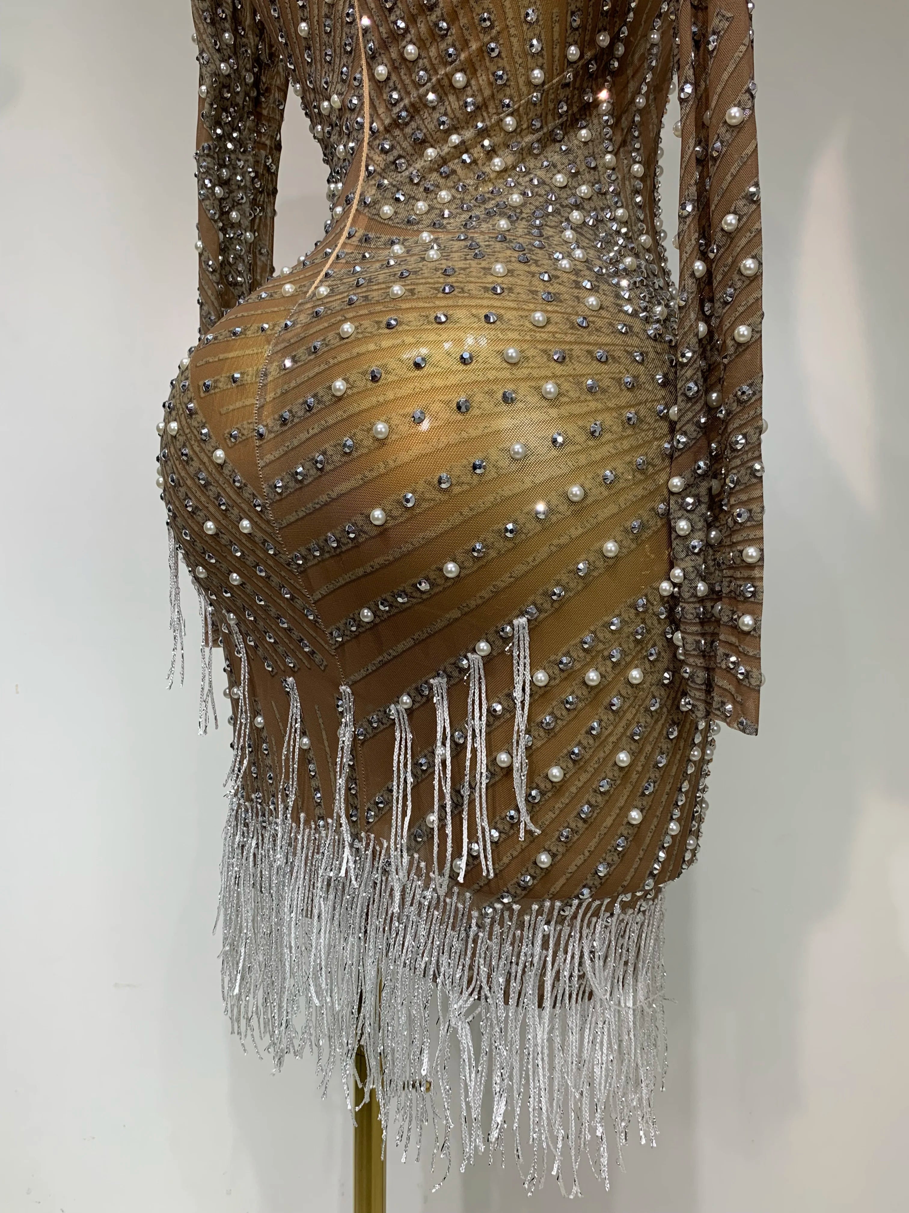 Luxury Rhinestone Tight Short Dress Women Long Sleeve Evening Party Prom Gown Birthdy Nightclub Performance Costume Stage Outfit