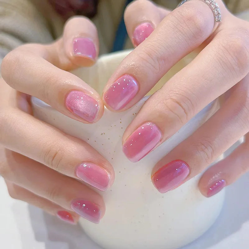 24Pcs French Shiny Cat Eye Fake Nail with Silver Edge Design Short Square Nails Wearable Finished Manicure Jelly Stick on Nails 4