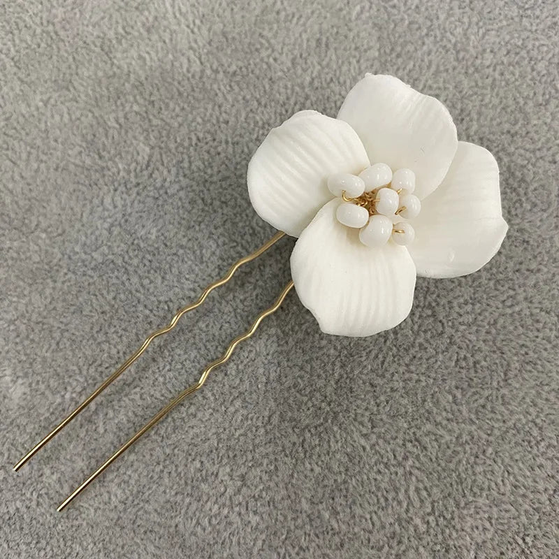 6PCS White Ceramic Flower Wedding Hair Pins Women Jewelry Accessories Handmade Head Decoration Tiara Ornament