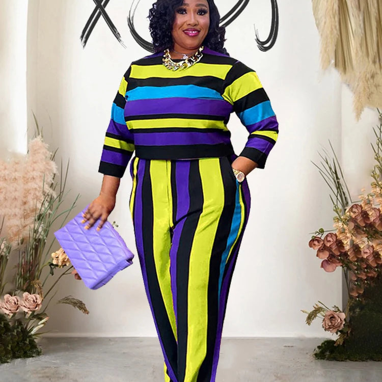 Curvy Woman Clothes Plus Size Autumn 2 Piece Outfit Set Elegant Pants and Blouse Set Ladies Casual Outfits