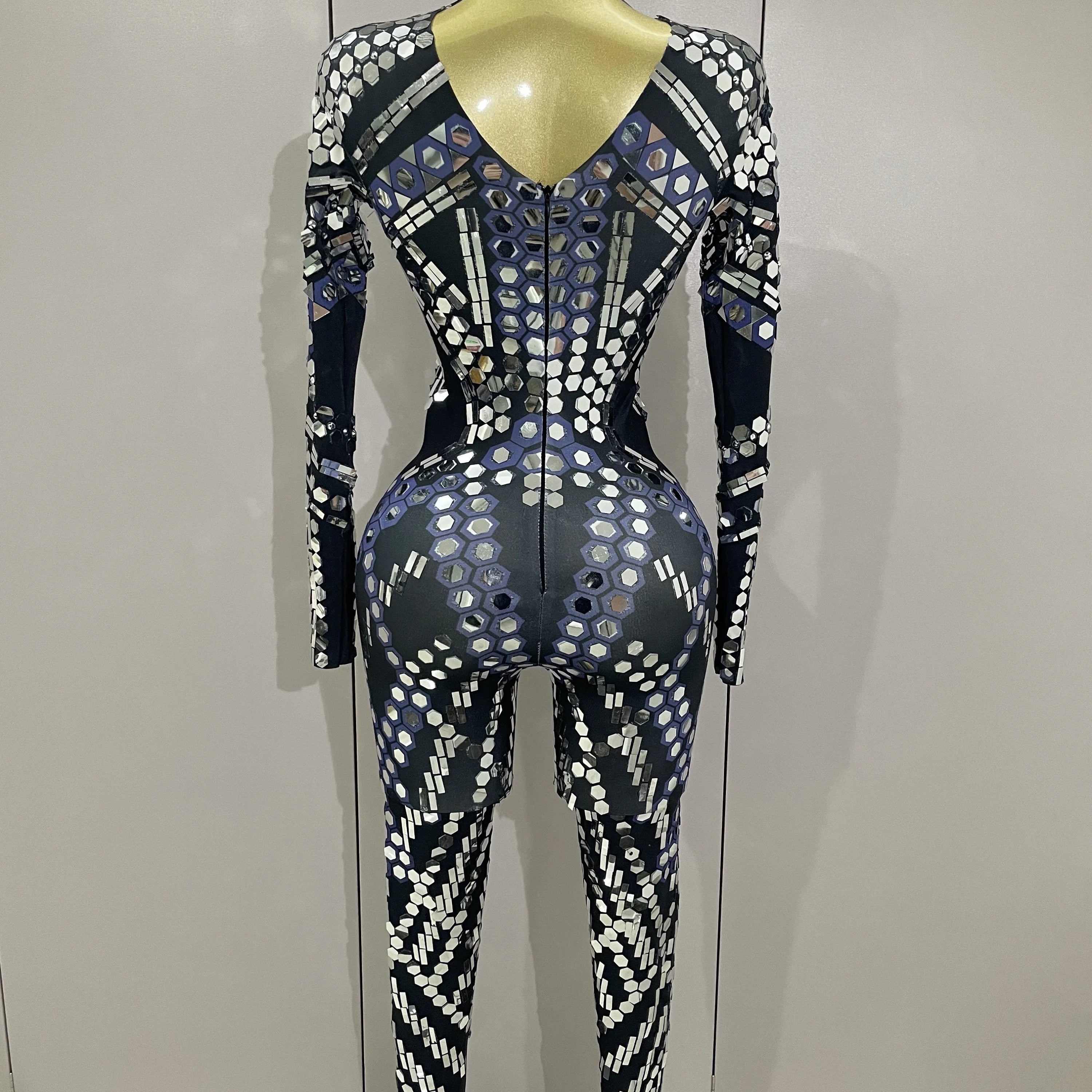 Sexy Shiny Silver Sequins Mirror Black Spandex Jumpsuit 2025 Women Prom Dancer Singer Costume Evening Birthday Show Stage Outfit