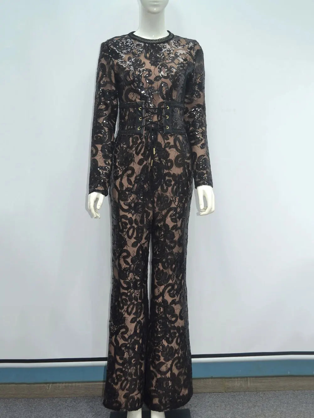 2025 Women'S Light Luxury Sequin Patchwork Bandage Jumpsuit O-Neck Long Sleeved Waistband Flared Jumpsuit Pants Party Jumpsuit black