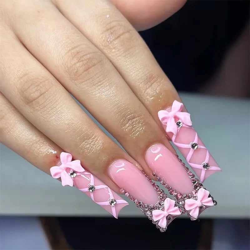 24Pcs French False Nails Pink Zebra Pattern Press on Nails Medium Square Coffin False Nails Y2k Artificial Full Cover Nail Tips 33